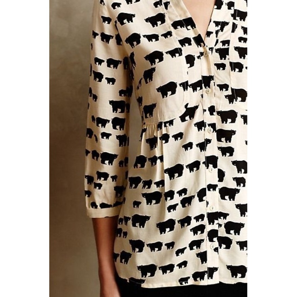 Maeve Anthropologie Bear Print Button Down Blouse Cream Black Rayon Size 2